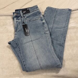 Express Light Blue Mid Rise Skyscraper Flare Jeans with Front Seams